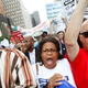 Demonstrators in Detroit July 18, 2014, protest the Detroit Water and Sewerage Department’s decision to deny water to those delinquent with their bills. Now residents of nearby Flint, Mich., are dealing with contaminated water.
Joshua Lott/Getty Images